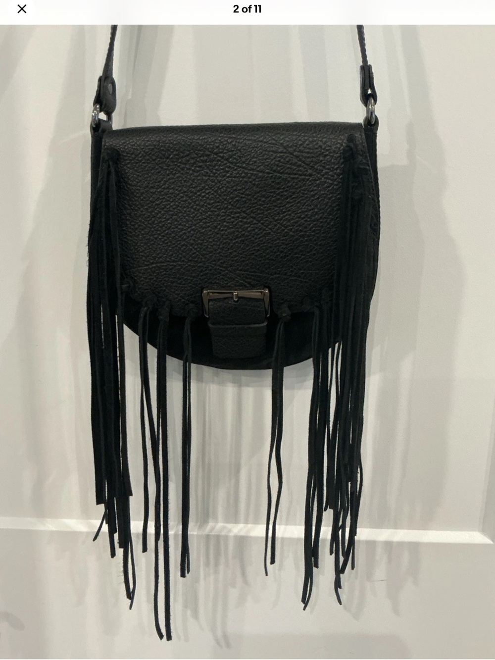Gianni Chiarini Leather Suede Fringe Saddle Bag Black Crossbody Snap Zip Closure